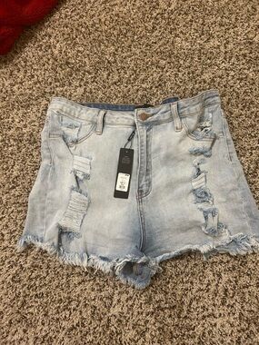 Fashion Nova Light Blue Distressed Denim Shorts - Frayed Hem
